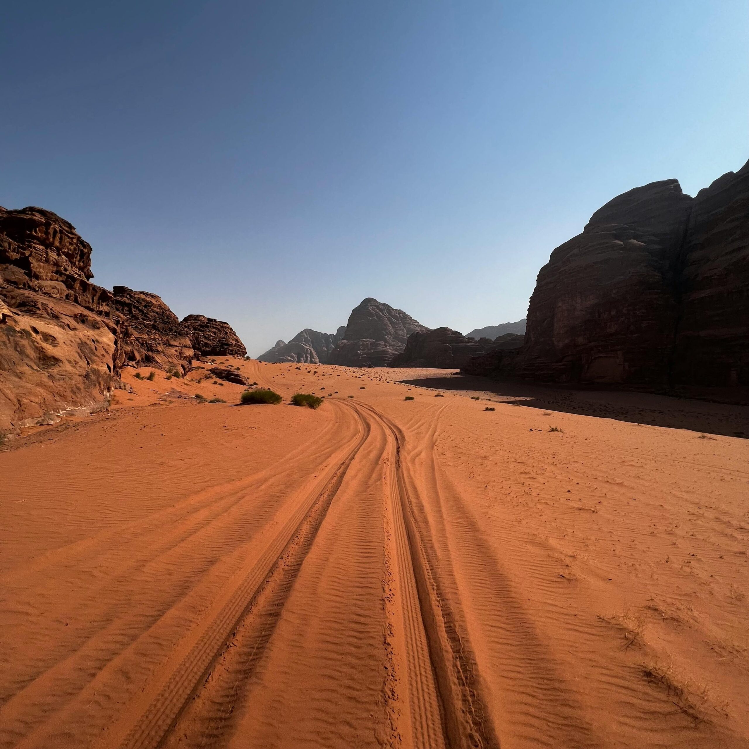 Capture the breathtaking desert expanse and sandstone cliffs of Wadi Rum under a clear sky.