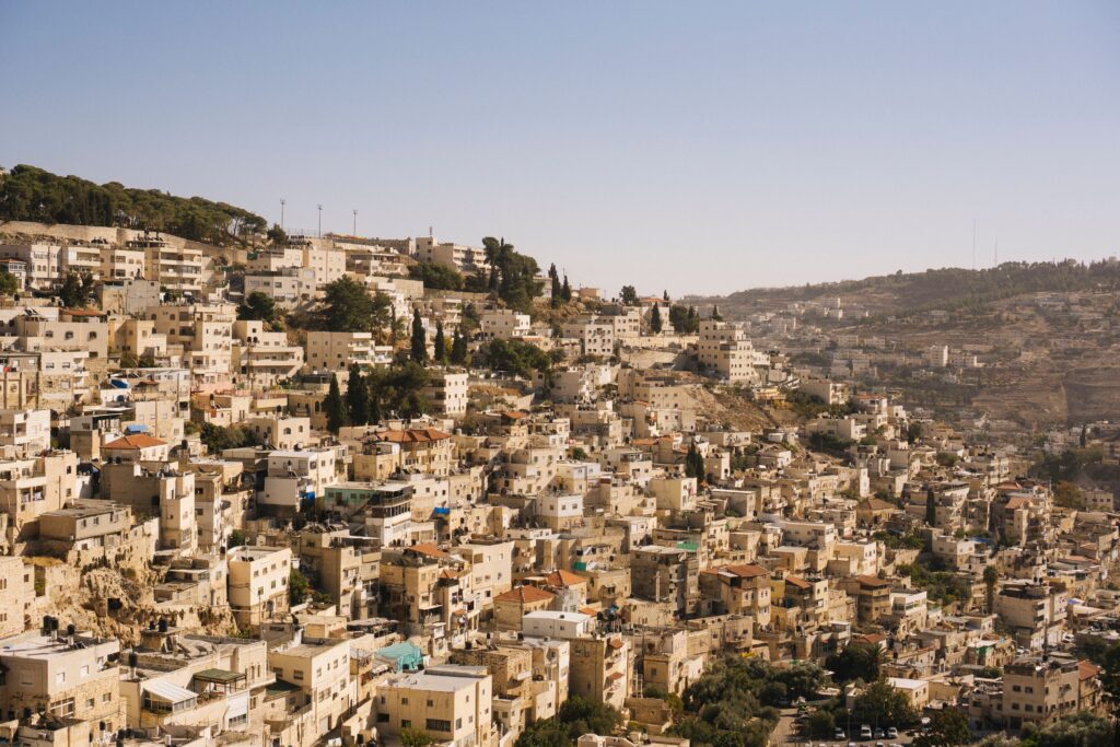 Stunning aerial view of the historic cityscape of Jerusalem, Israel, showcasing its unique architecture and landscape.
