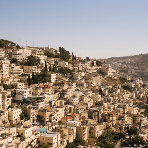 Stunning aerial view of the historic cityscape of Jerusalem, Israel, showcasing its unique architecture and landscape.